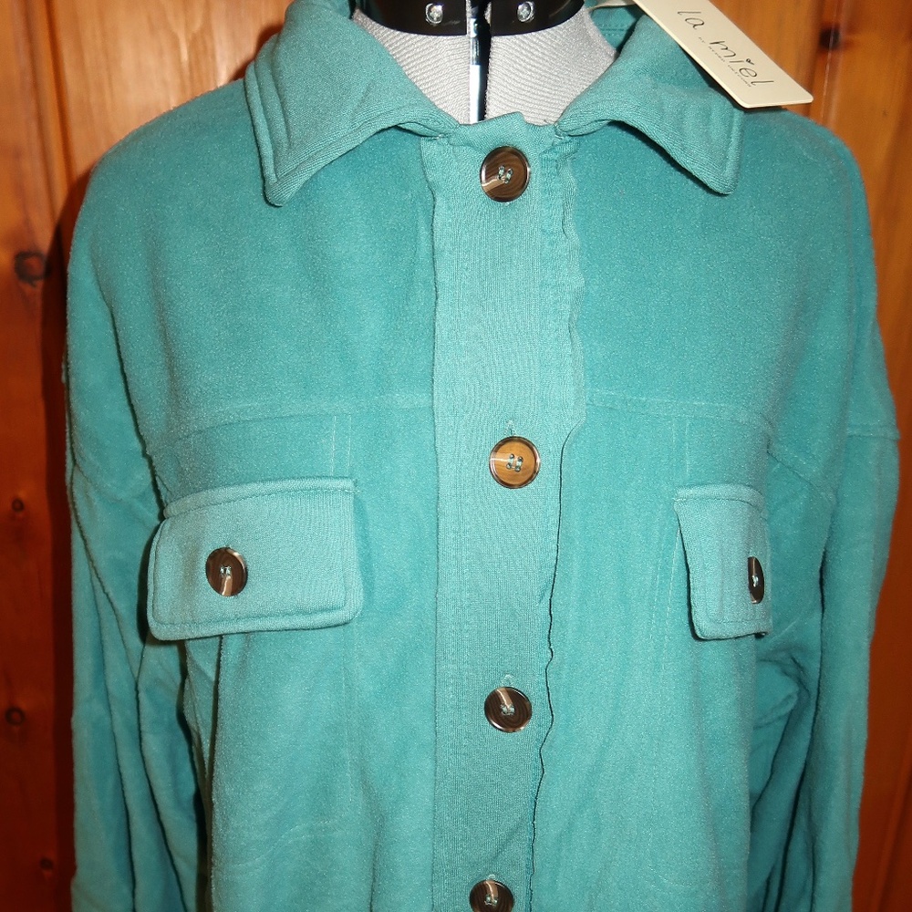 NEW La Miel Teal Oversized Button-Up Shacket Longline Pocket Jacket